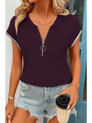 Kadın Kısa Kollu Önden Fermuarlı Kol Ucu Işıltılı Viskon Bluz