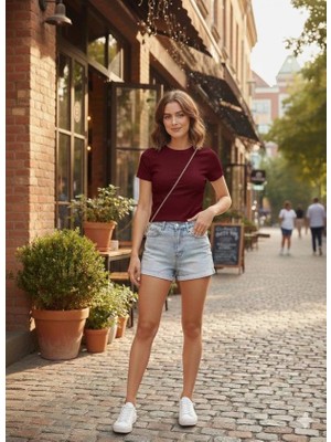 Stores36 Kadın Bisiklet Yaka Düz Renk Kaşkorse Bluz