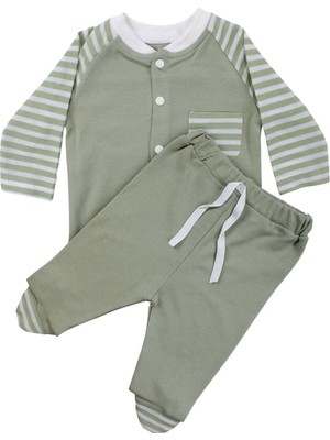 by BebekOdam Unisex Yeşil Ekru Çizgili Cepli 2'li Takım