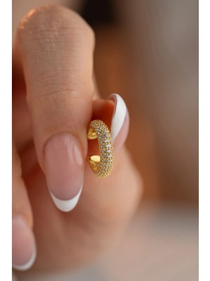 Nereze 925 Ayar Gümüş Gold Kaplama 3 Sıra Zirkon Taşlı Kıkırdak Küpe