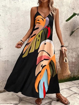 Stores36 Kadın Ip Askılı V Yakalı Desenli Süprem Maxi Elbise