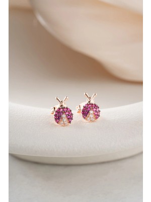 Nereze 925 Ayar Gümüş Rose Kaplama Minik Pembe Uğur Böceği Küpe