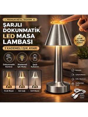 Toptan Hediyeci Şarjlı Dokunmatik LED Masa Lambası Gümüş | 3 Kademeli Işık Ayarlı Premium Metal Gece Lambası