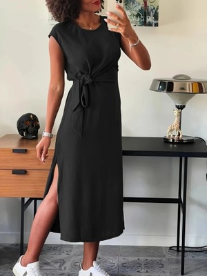 Stores36 Kadın Kısa Kollu Yuvarlak Yaka Belden Bağcıklı Önden Yırtmaçlı Aerobin Elbise