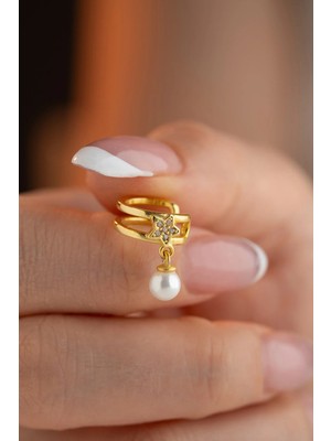 Nereze 925 Ayar Gümüş Gold Kaplama Inci Detaylı Yıldız Model Kıkırdak Küpe