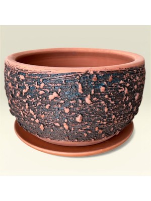 AdenArt Toprak Saksı Siyah Dokulu Orta Boy El Yapımı (Tabaklı) 26*17 cm