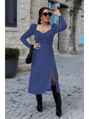 Stores36 Kadın Uzun Kollu Göğüs ve Sırt Dekolteli Krep Midi Boy Elbise