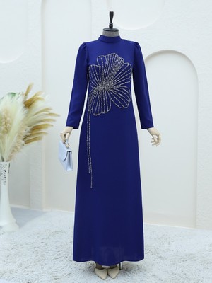 Modamorfo Yonca Taş Desenli Dik Yaka Krep Abiye -Laci