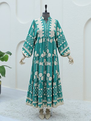 Modamorfo Yarım Düğmeli Eteği Katlı Uzun Viskon Elbise -Yeşil