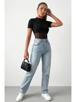 Stores36 Kadın Transparan Detay Kısa Kol Kaşkorse Bluz