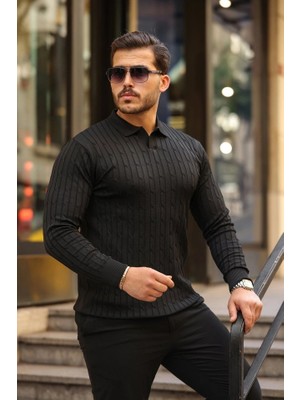 Stores36 Erkek Saç Örgü Desen Uzun Kollu Triko