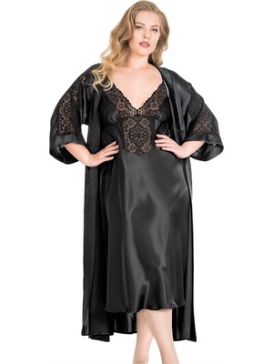 İlkyaz Fashion  Büyük Beden Siyah Uzun Ikili Saten Sabahlık Gecelik Takımı