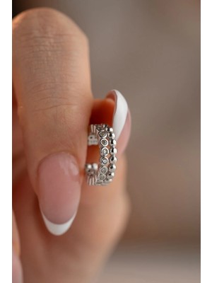 Nereze 925 Ayar Gümüş Rodyum Kaplama Çift Sıra Tasarım Kıkırdak Küpe