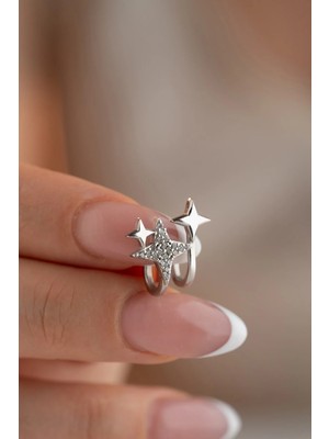 Nereze 925 Ayar Gümüş Rodyum Kaplama 3 Yıldızlı Kıkırdak Küpe