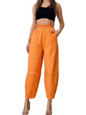 Nana & Mayka Moda Kadın Turuncu Salaş Şalvar Pantolon Yıkamalı Eskitmeli Gabardin Kalın Lastikli Bel Rahat Günlük Bohem Pantolon S M L
