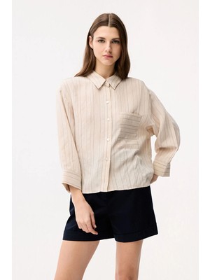 Adl Çizgili Cepli Gömlek Bej 13044983003