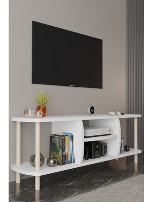 Alpa Ev Mobilya Modern Tv Ünitesi Ahşap Raflı 2 Katlı 4 Raflı Televizyon Sehpası Televizyon Ünitesi