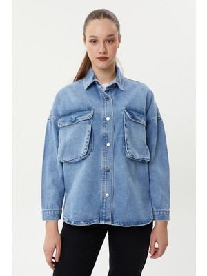 Twister Bg J66-02 Middle Blue Cep Detaylı Oversize Kadın Kot Ceket Açık Mavi