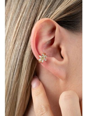 Nereze 925 Ayar Gümüş Gold Kaplama Lotus Çiçeği Kıkırdak Küpe