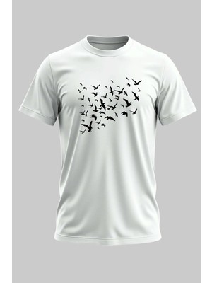 Buzagi Kuşlar Regular Kalıp Dijital Baskılı Beyaz Tişört