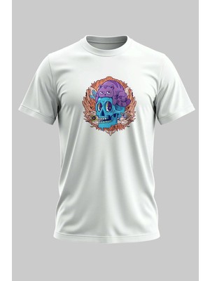 Buzagi Kedi ve Kurukafa Regular Kalıp Dijital Baskılı Beyaz Tişört