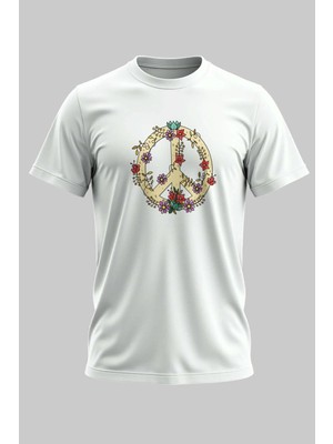 Buzagi Barış Sembolü ve Çiçekler Regular Kalıp Dijital Baskılı Beyaz Tişört