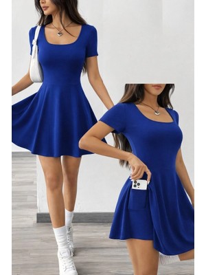 Stores36 Kadın Kısa Kollu Kare Yakalı Cep Detaylı Dalgıç Elbise Tulum