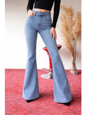 Stores36 Kadın Yüksek Bel Ispanyol Paça Kot Pantolon