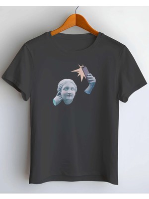 Buzagi Heykel Dijital Baskı Regular Kalıp Unisex Siyah Tişört