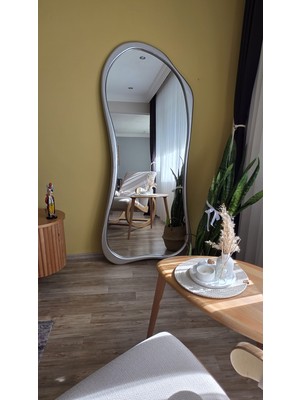Uğurlu Ayna 180X80 cm Asimetrik Boy Aynası - Gümüş Ahşap Görünümlü Dekoratif Boy Aynası