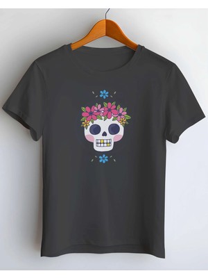 Buzagi Flower Skull Dijital Baskı Regular Kalıp Unisex Siyah Tişört