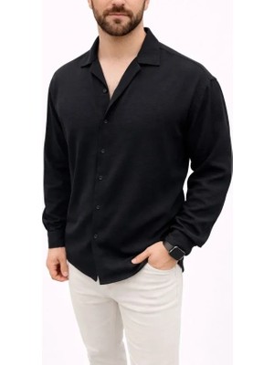Stores36 Erkek Aerobin Kumaş Oversize 4 Mevsim Uzun Kollu Rahat Kalıp Gömlek - Siyah