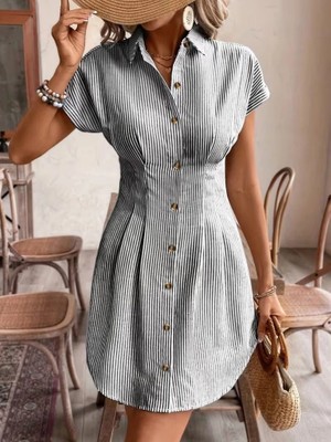 Stores36 Kadın Kısa Kollu Yakalı Önden Düğmeli Kısa Trikoton Elbise