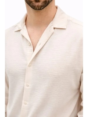 Stores36 Erkek Aerobin Kumaş Oversize 4 Mevsim Uzun Kollu Rahat Kalıp Gömlek - Bej