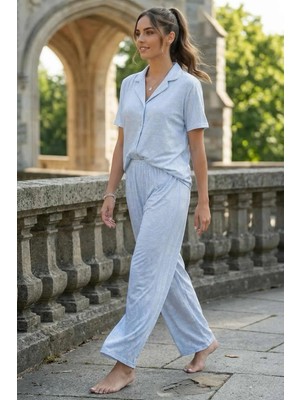 Relax Mode Kadın Nakış Desen Mavi Gömlek Pijama Takım - 26038R