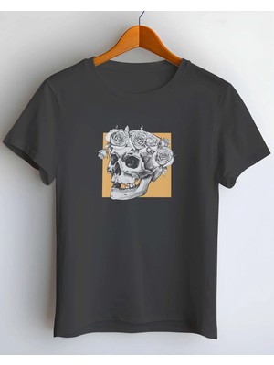 Buzagi Skull Flowers Dijital Baskılı Regular Kalıp Siyah Tişört
