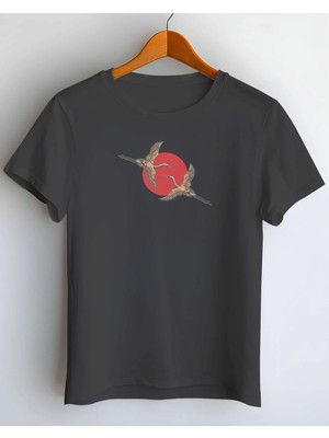 Buzagi Japan Birds Dijital Baskı Regular Kalıp Unisex Siyah Tişört