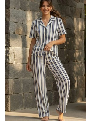 Relax Mode Kadın Mavi Çizgili Gömlek Pijama Takım - 26036R