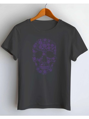 Buzagi Purple Blossom Skull Regular Kalıp Dijital Baskılı Siyah Tişört