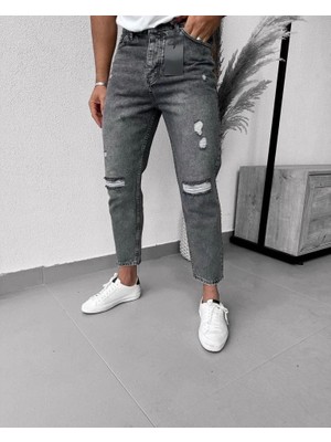 Stores36 Erkek Füme Yırtık Detaylı Mom Jean