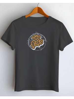 Buzagi Take Risks Dijital Baskı Regular Kalıp Unisex Siyah T-Shirt