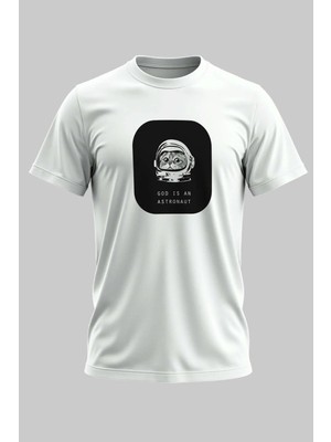 Buzagi God Is An Astronaut Kedi Regular Kalıp Dijital Baskılı Beyaz Tişört
