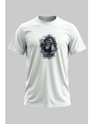 Buzagi Queens Dijital Baskı Regular Kalıp Unisex Beyaz T-Shirt
