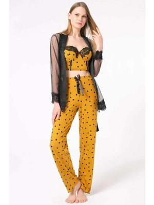 Çamaşır Kenti Tül Dantelli Sabahlık Balenli Destekli Dolgulu Puantiyeli Büstiyer Sütyen ve Pantolon Pijama 3'lü Takım