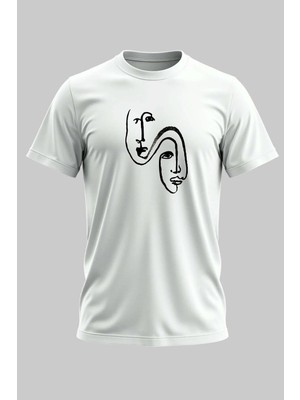 Buzagi Soyut Yüzler Regular Kalıp Dijital Baskılı Beyaz Tişört