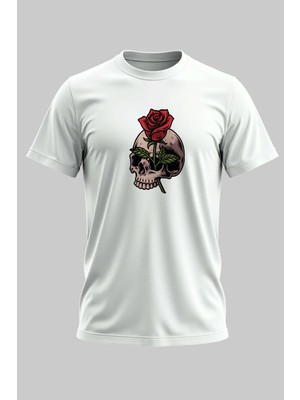 Buzagi Kurukafa ve Gül Regular Kalıp Dijital Baskılı Beyaz Tişört