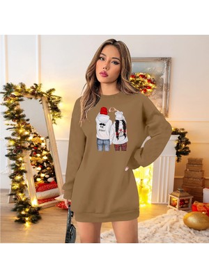 Stores36 Kadın Uzun Kollu Bisiklet Yaka Desenli Viskon Iki Iplik Elbise