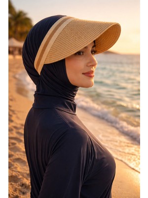 Aydın Şapkacınız Camel Güneş Koruyucu Ithal Şeritli Hasır Vizör Şapka Tesettüre Uygun Taç Model Yazlık Şapka