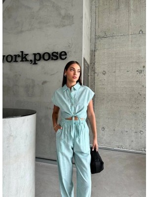 Stores36 Çizgili Keten Kolsuz Crop Pantolon Takım - Yeşil
