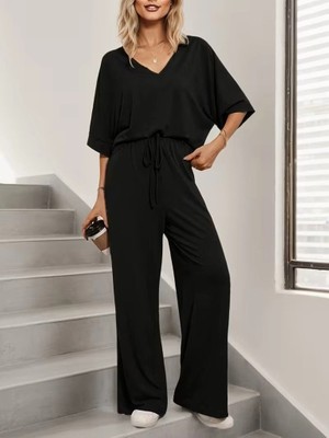 Stores36 Kadın Kısa Kollu V Yakalı Viskon Bluz ve Pantolon Ikili Takım